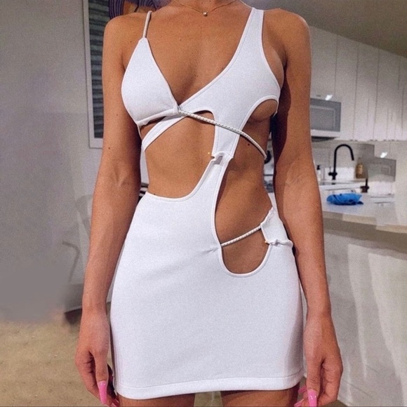 Rincón White Rope Tie Pekaboo Mini Dress, Special Occasion White Beach Mini - Picture 2 of 6